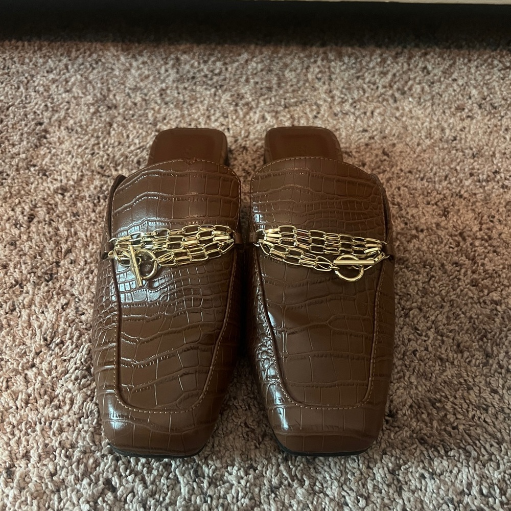 Open Edit Nash Faux Leather Mules Loafers In Brown Croco Print Women Size 8.5 M